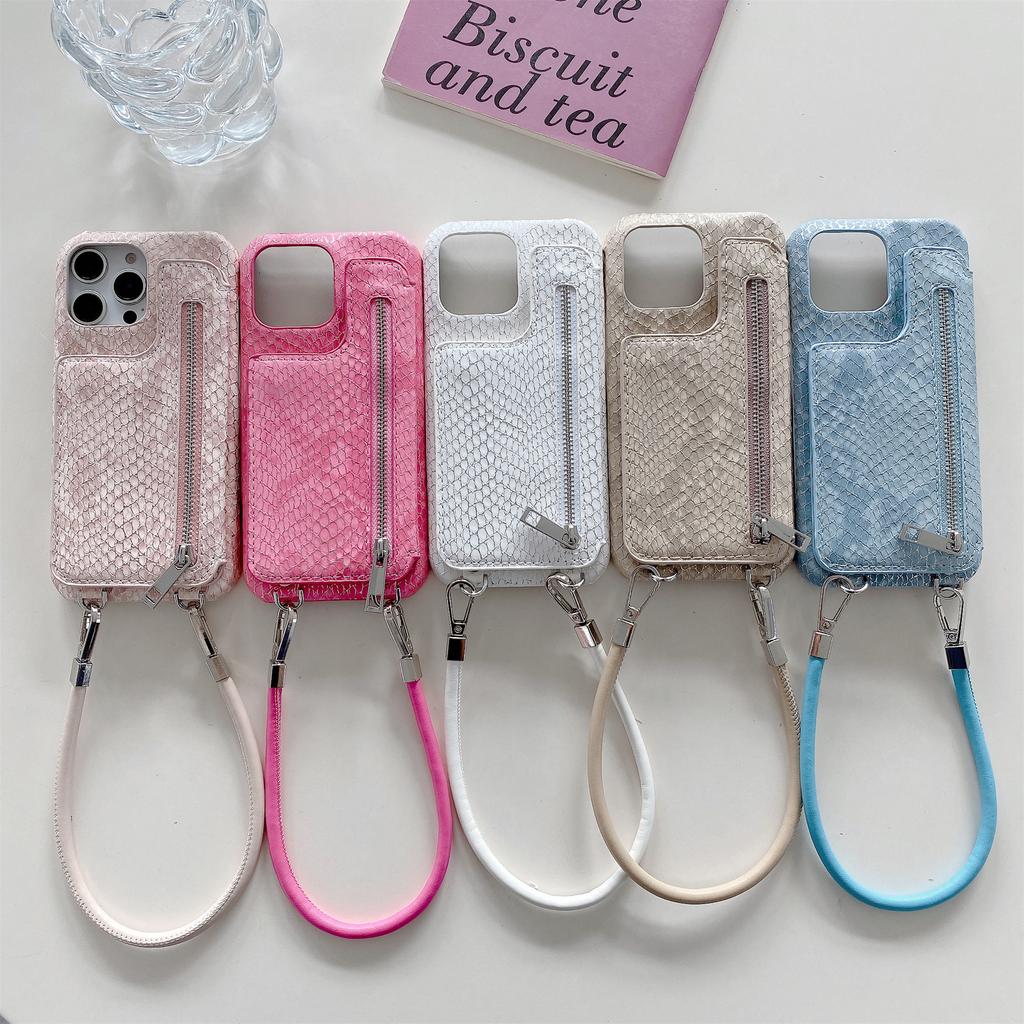 For iPhone 16 Pro Max Case Zipper Card Holder Mirror Snake Texture PU+PC Back Cover with Lanyard