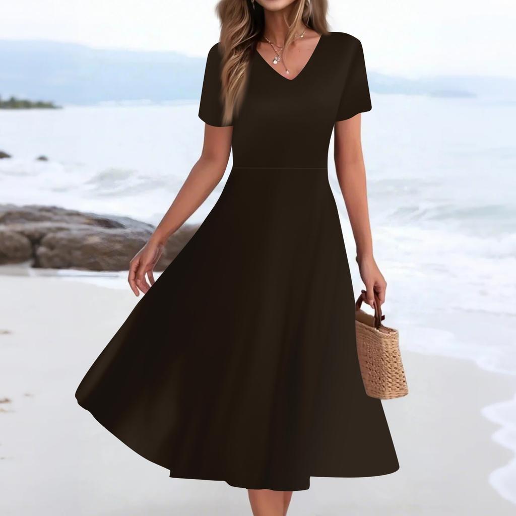 Women's Summer Casual Fashion Print Pocket Short Sleeve V-Neck Swing Dress