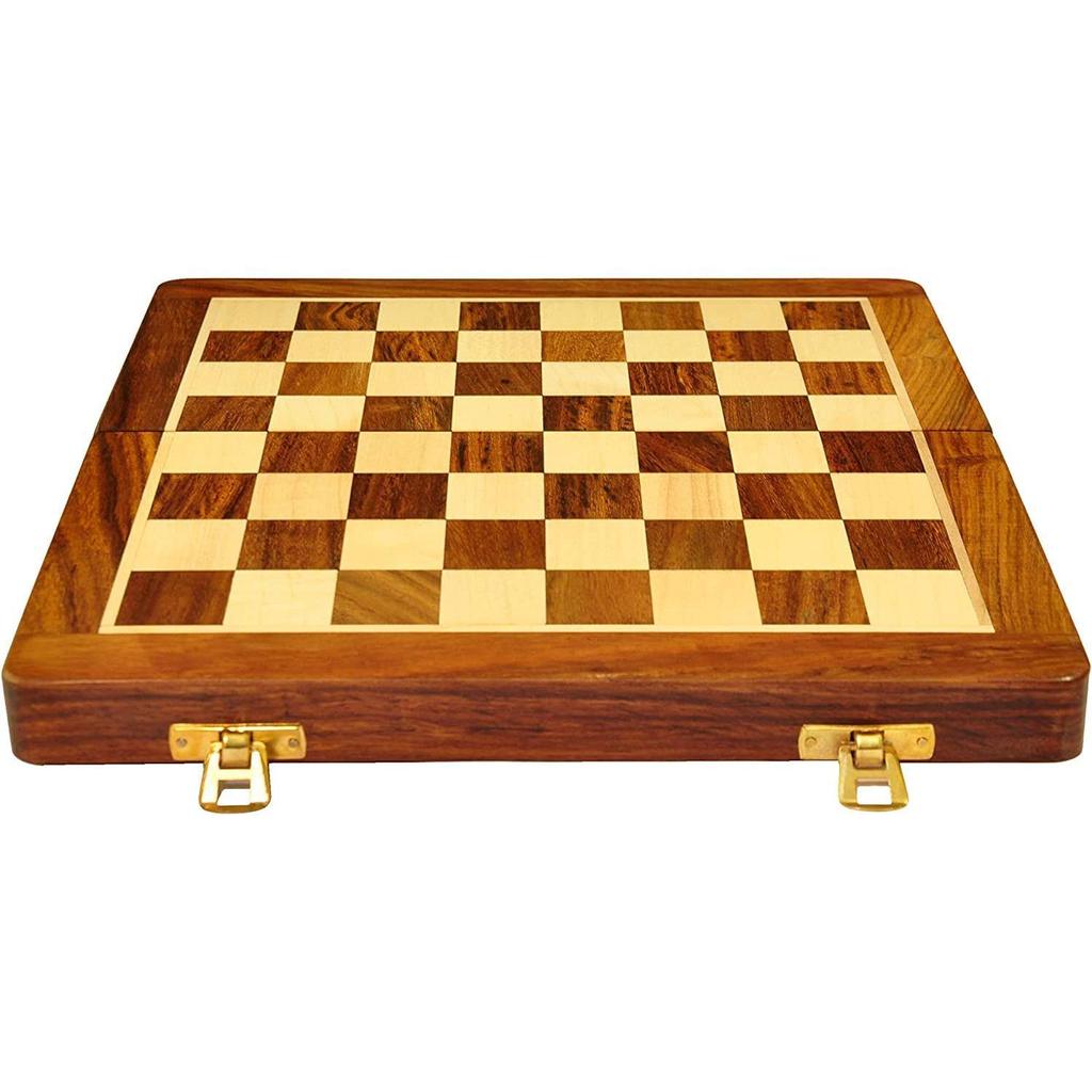 Wooden Handcrafted Foldable Magnetic Chess Board Set with Magnetic Piece and Extra Queens for 2 Players Kids and Adults (10x10 Inches, Brown).
