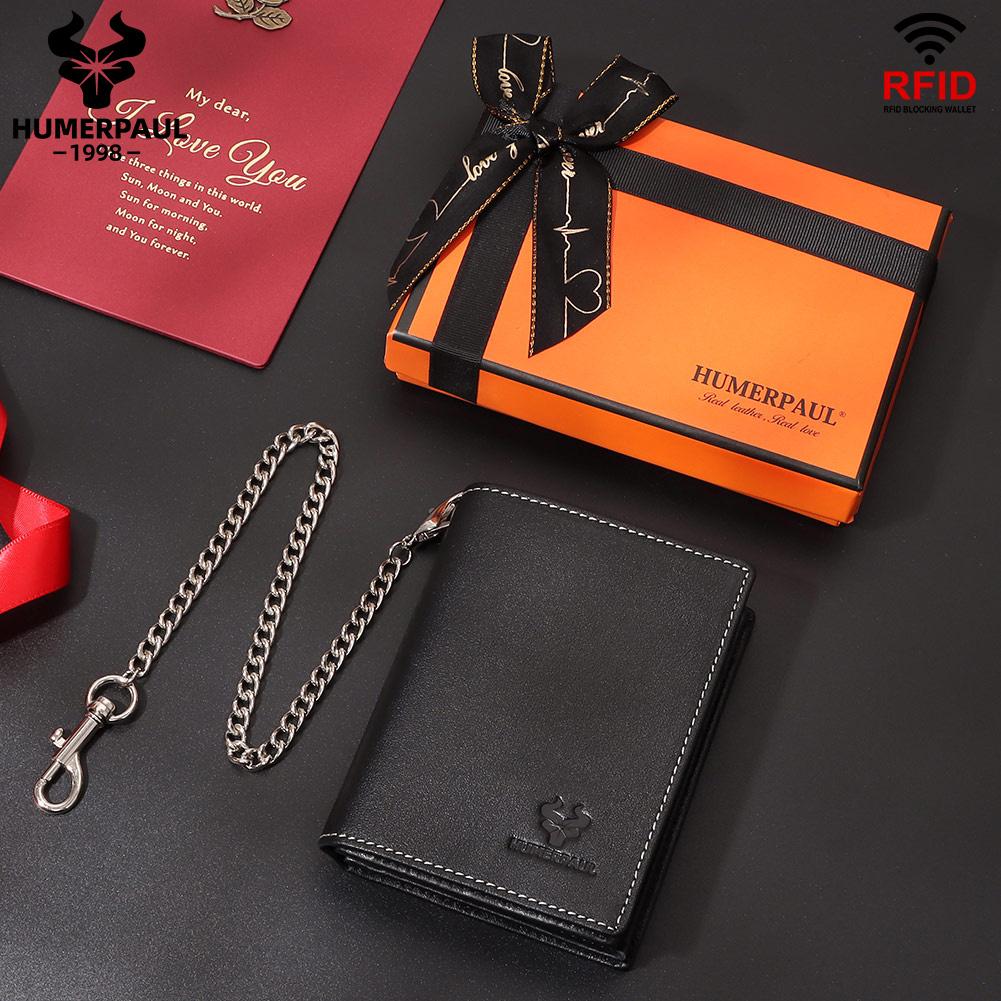 Humerpaul Упаковка подарочной коробки Натуральная кожа Мужской кошелек Rfid-кисть Тонкая сумка для карточек Противоугонная цепочка