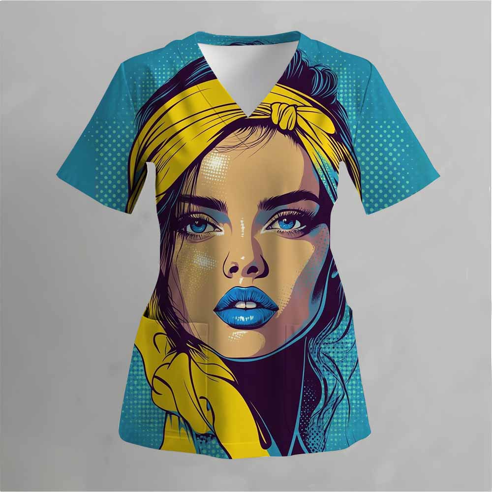 Матовая медицинская униформа с розовым рисунком в виде кошки, женская униформа с V-образным вырезом и коротким рукавом, с карманом, женская матовая