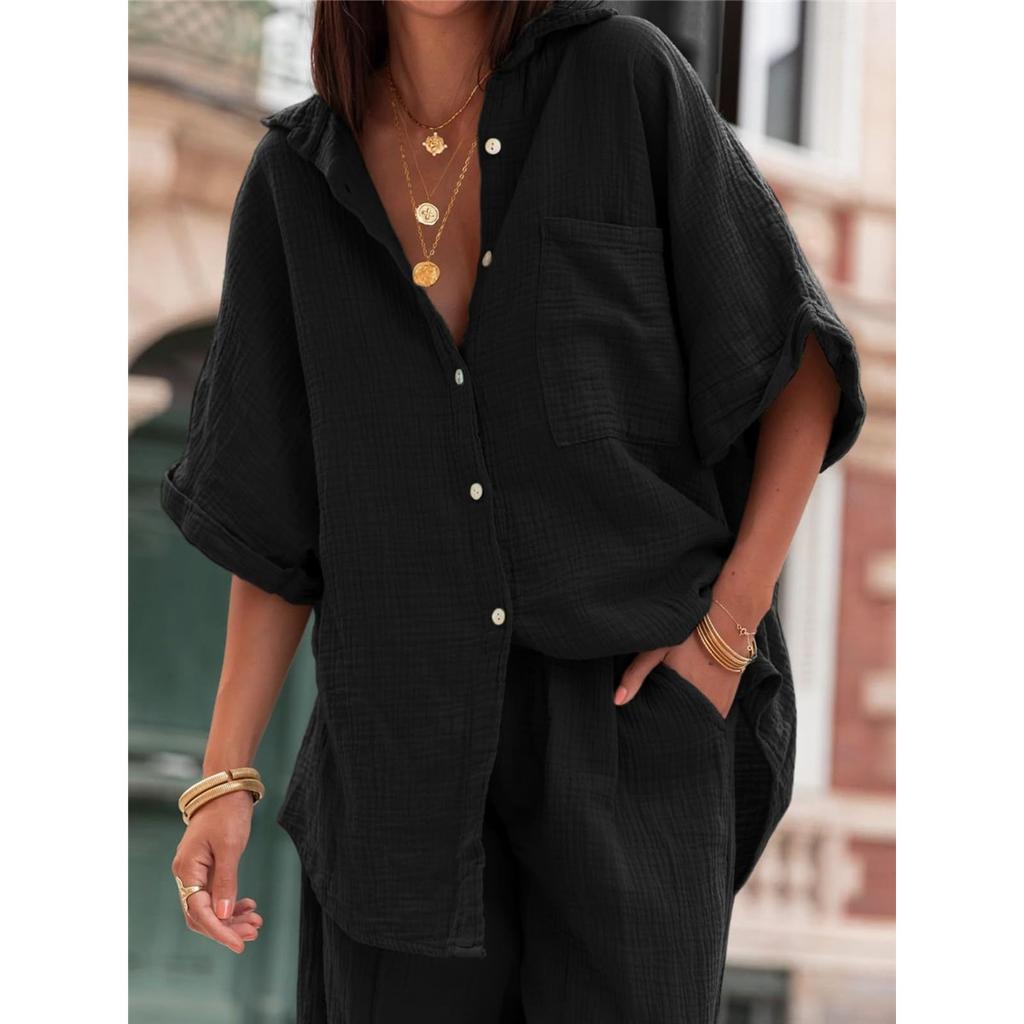 Women's Casual Sets Summer Cotton and Linen Short-sleeved Lapel Shirt Straight Trousers Two-piece Set