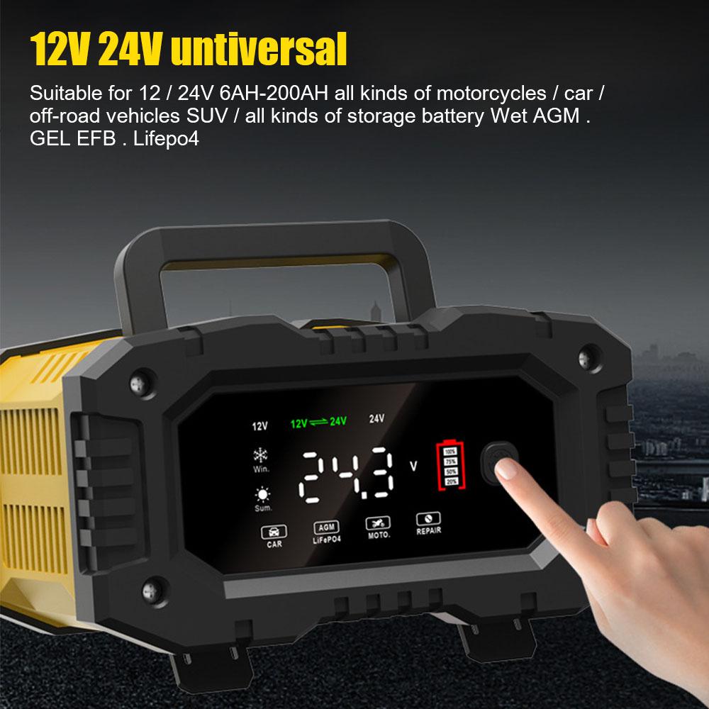 Зарядное устройство для автомобильного мотоциклетного аккумулятора 12 В-24 В, портативное интеллектуальное зарядное устройство для AGM GEL SLA свинцово-кислотных LiFePO4, 7-ступенчатое
