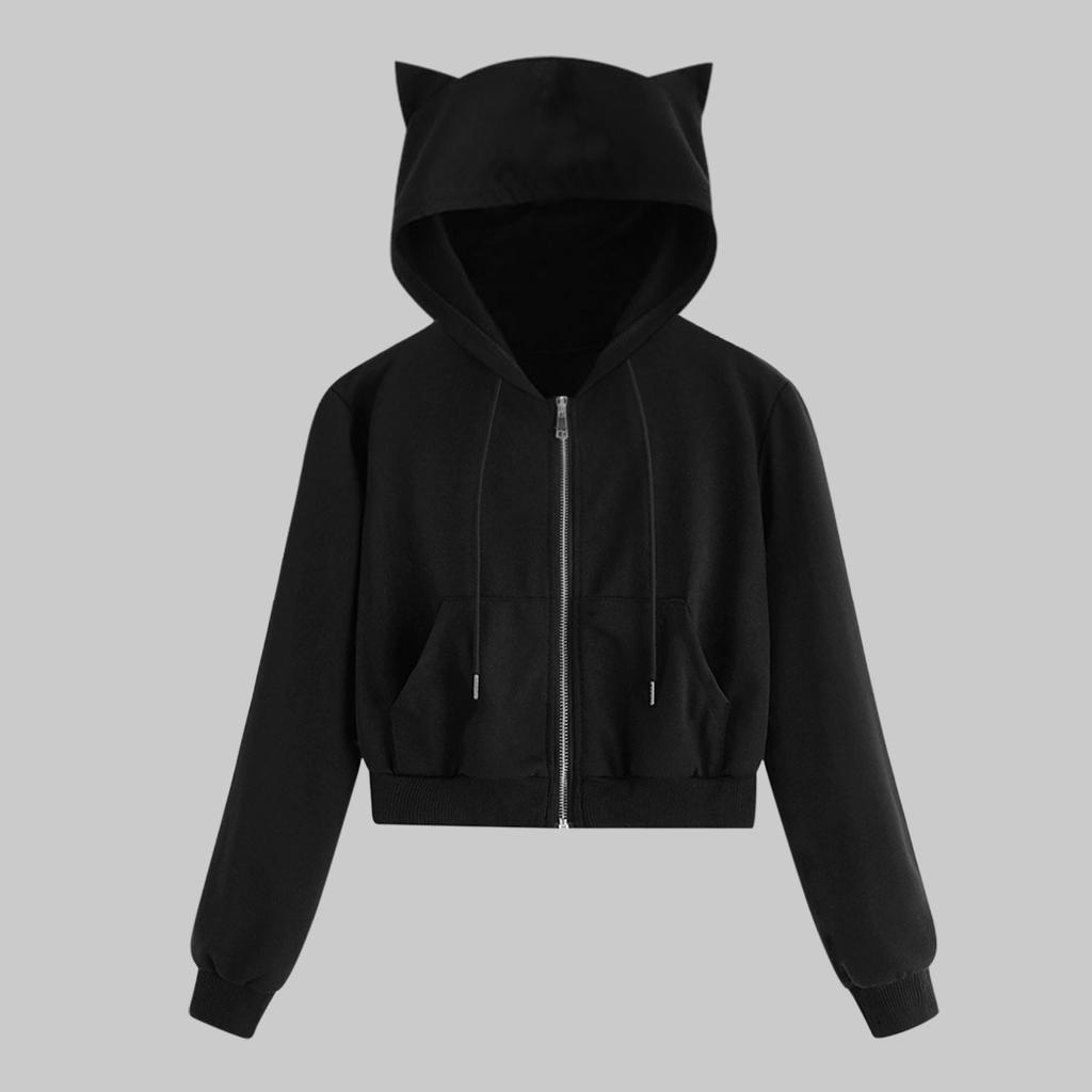 Women Casual Solid Long Sleeve Zipper Pocket Shirt Cat Hooded Sweatshirt Tops