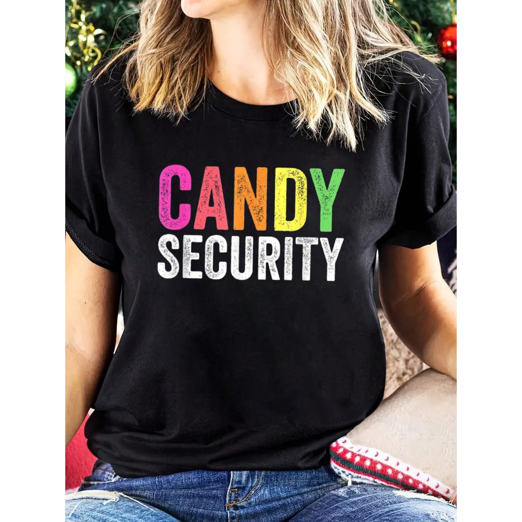 Women's Candy Safety Pattern T-Shirt - Casual Short Sleeve, Crew Neck, Polyester Blend - Perfect for Spring and Summer