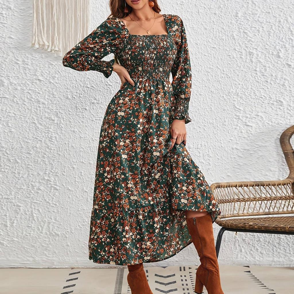 Женское платье с цветочным принтом, квадратным вырезом, длинными рукавами и оборкой по низу