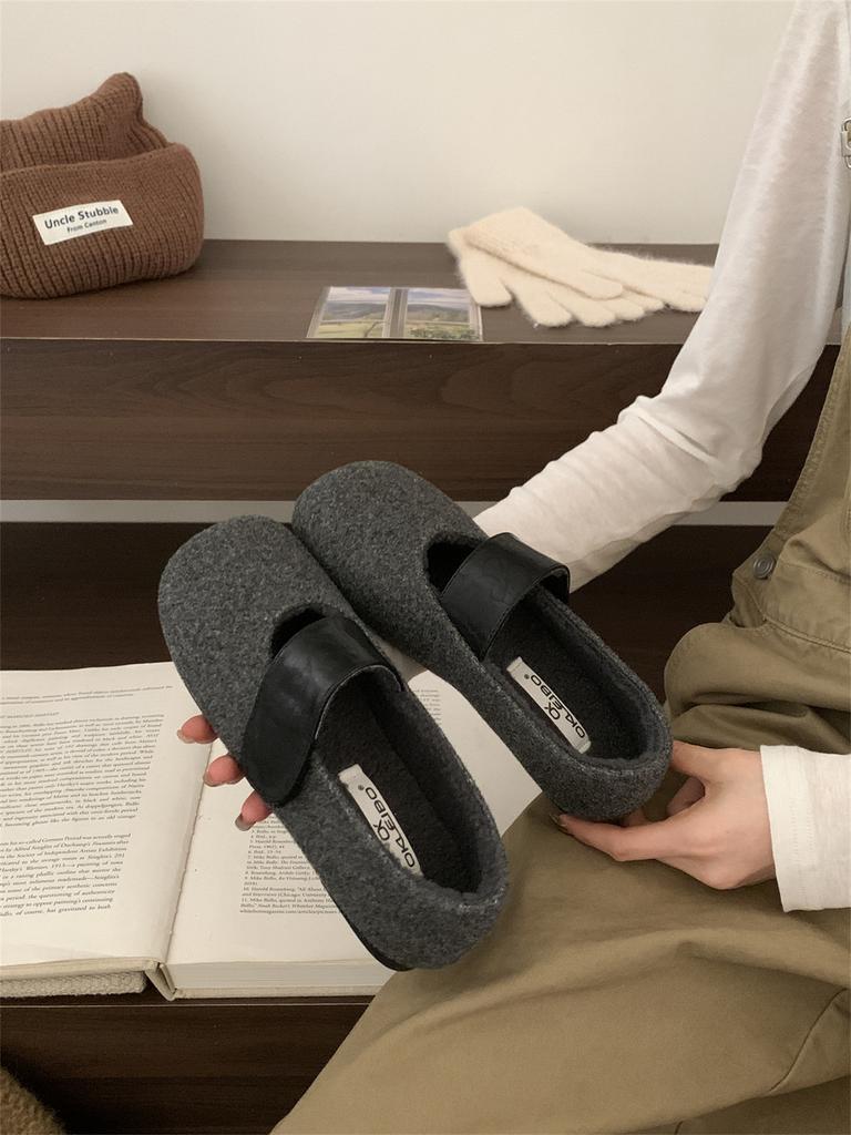 Huge Good-looking Flat-soled Shallow-mouth Single Shoes for Women's 2025 New Autumn Woolen Gray Birkenstocks Mary Jane Evening Shoes