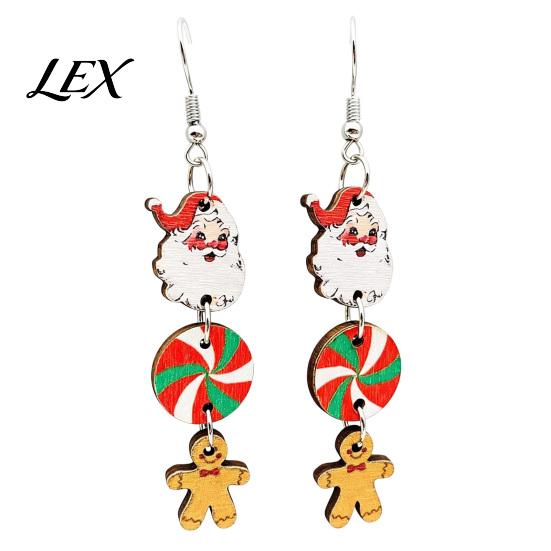 Cute Cartoon Ear Jewelry 1 Pair Christmas Wooden Dangle Drop Earrings for Women, Santa Festive Party Gingerbread Candy Cane Earrings, Vintage Holiday