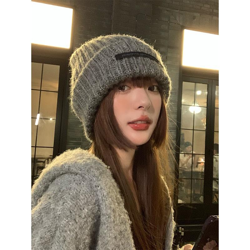 Big head circumference thick wool hat women's autumn and winter new thickened warm ear protectors knitted hat showing a small face and cold-proof gra