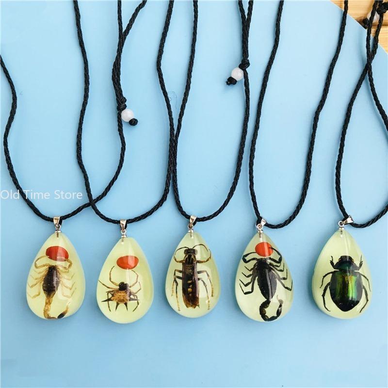 Luminous Naturally Scorpion Necklace Vintage Resin Insect Beetle Spider Amber Pendant Rope Chain Necklaces Glow In Dark Jewelry