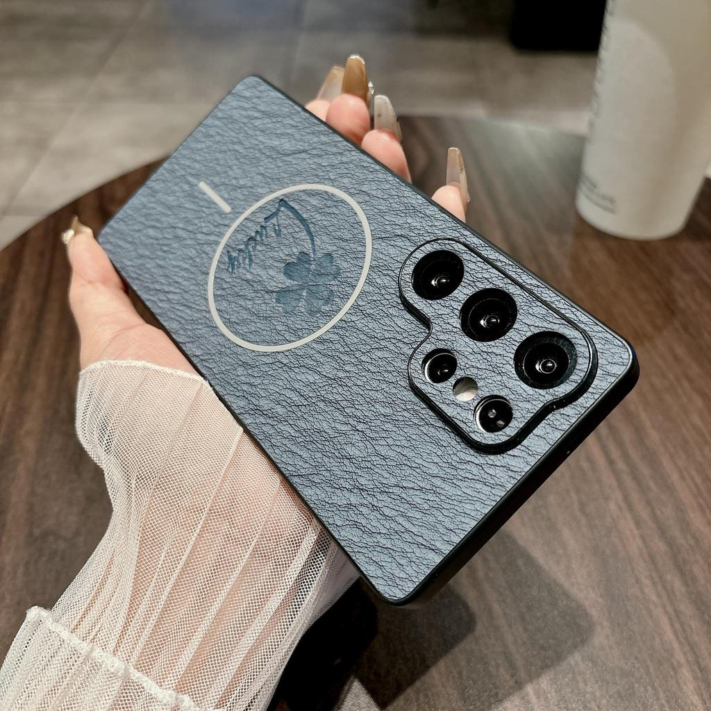 Samsung S25ULTRA Кожаный Магнитный Чехол-Книжка с Четырехлистником - Совместим с S24FE/S23p, Полное Покрытие, Защита от Падений.
