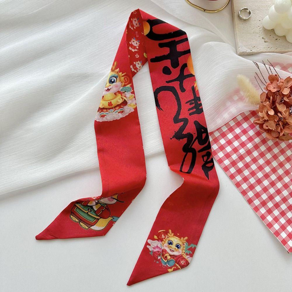 Printed New Year Red Silk Scarf New Year Scarves Scarf Hair Band Long Scarf New Year Decoration