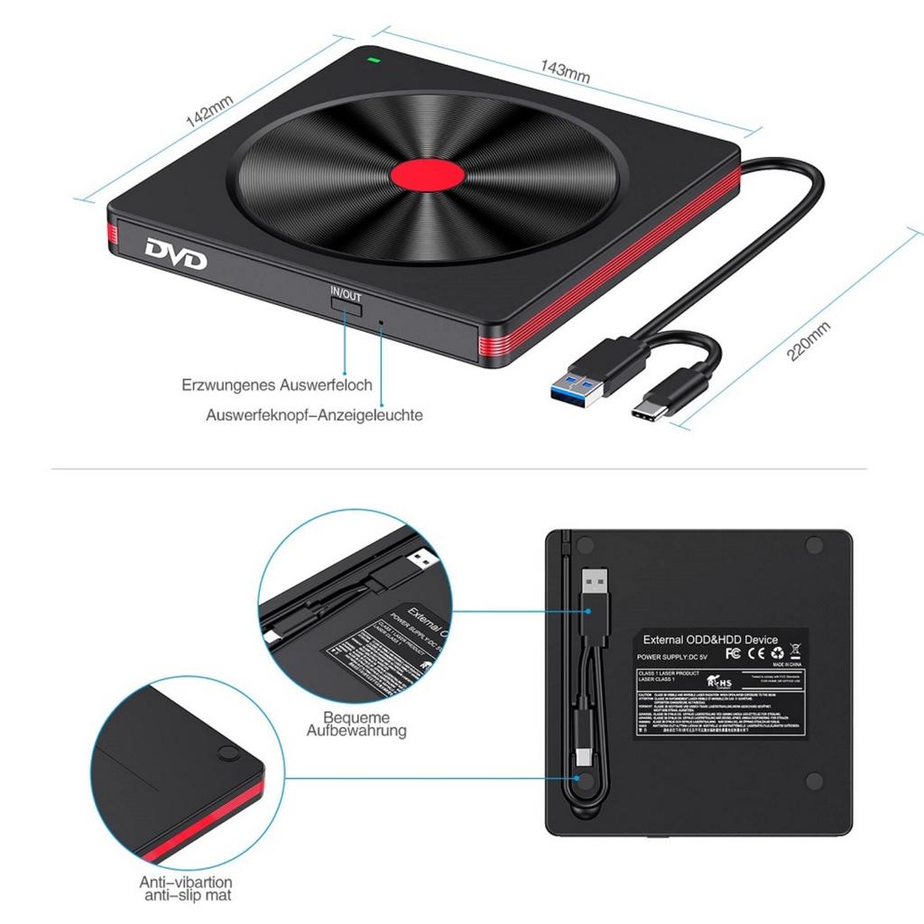 Внешний CD/DVD привод, USB 3.0 CD DVD +/-RW записывающее устройство CD-ROM Внешний DVD-привод CD-ридер DVD-плеер для ПК ноутбука настольного компьютера