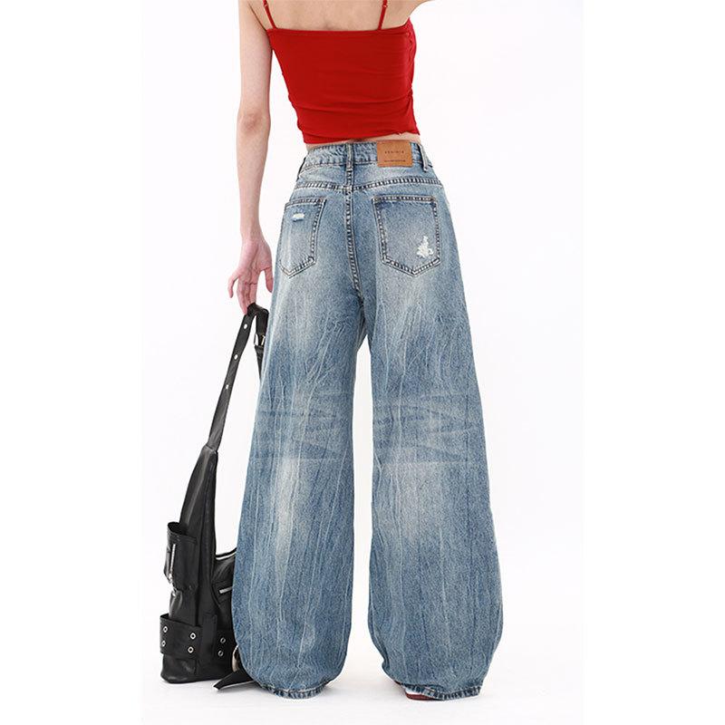 American large size ripped jeans women's summer retro design straight lightning pattern loose wide leg beggar pants
