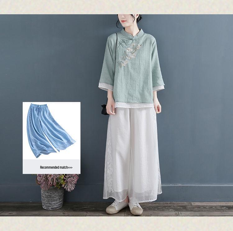 Женская ретро вышитая футболка с V-образным вырезом из хлопка и льна: Повседневный, Литературный Стиль для Коллекции Весна-Лето-Осень 2024