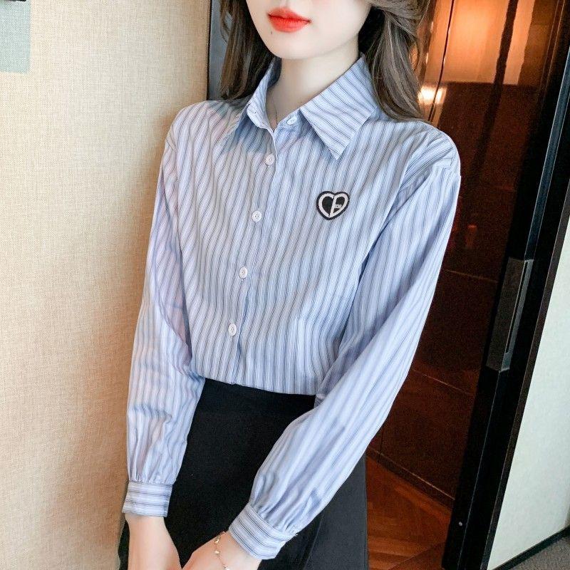 2026 New Women's Embroidered Cotton Shirt, Fashionable and Youthful Striped Long Sleeve Blouse