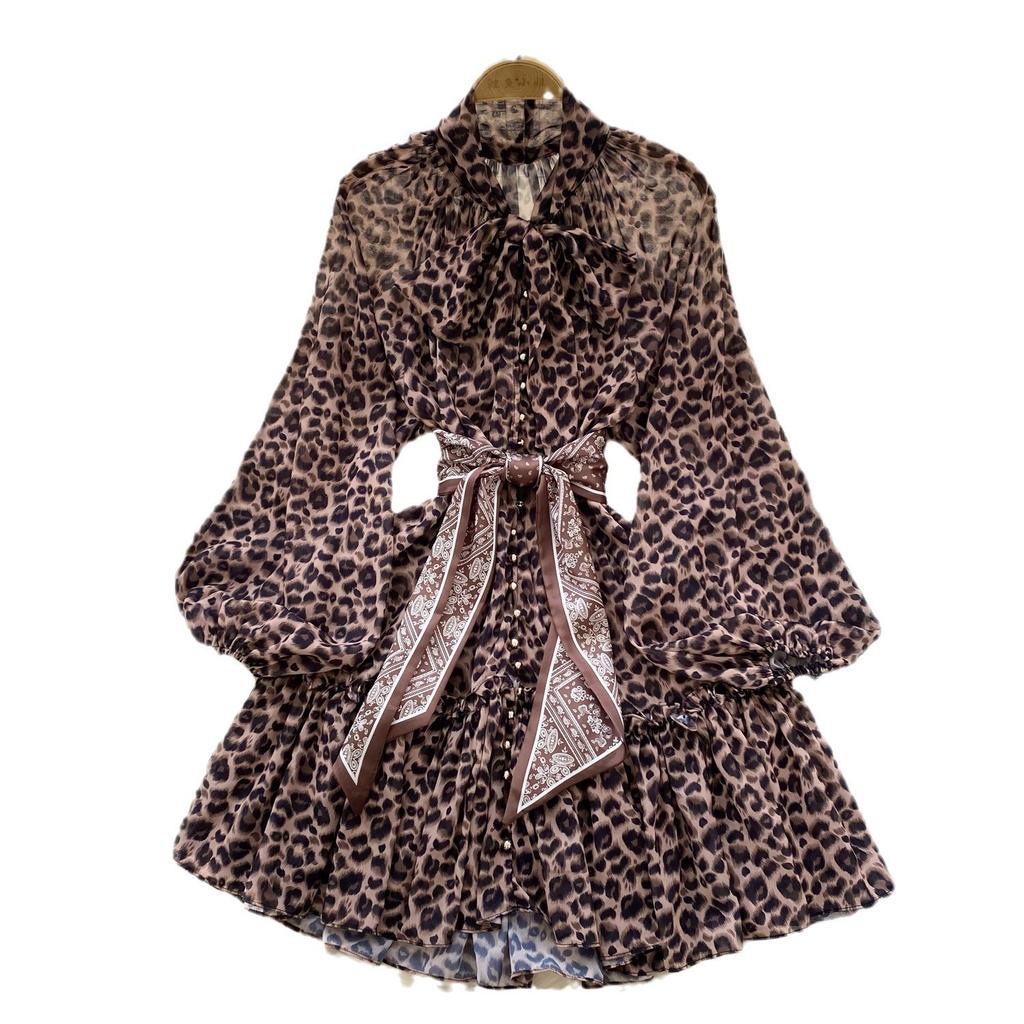 Women's Dress Funky Scarf Tie Waisted Lantern Sleeve Leopard Mesh A-Line Short Dresses