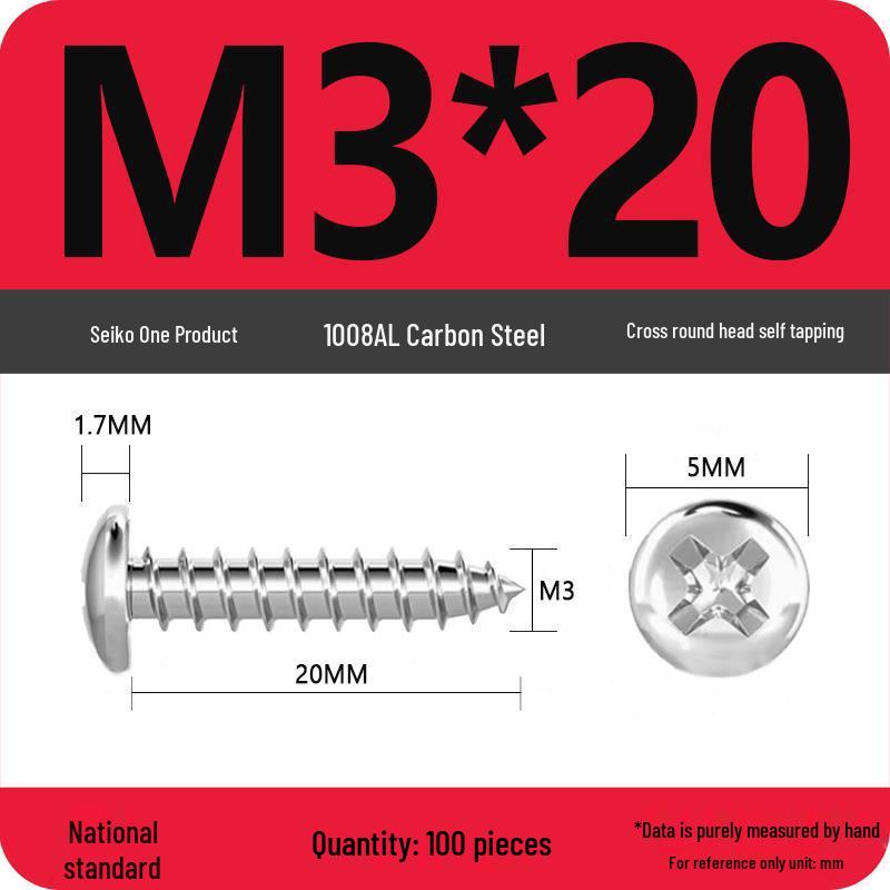 Galvanized Self-Tapping Screws, Round Head, White Zinc, PA Cross Pan, Pointed Tail M1.2-M4