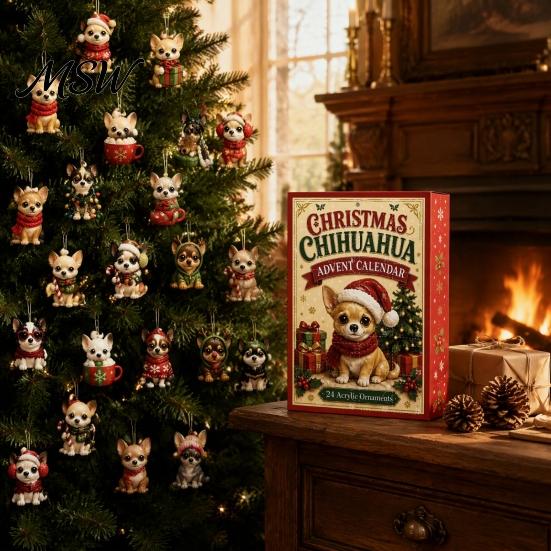 Christmas Countdown Calendar 24 Day Dog Advent Calendar, Cute 2D Flat Chihuahua Hanging Ornaments, Unique Gift for Moms And Dads Different Acrylic