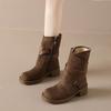 Модные Ретро Одиночные Ботильоны Осень Новые Круглый Носок Боковая Молния Металлическая Пряжка Замша Платформа Нескользящие Блочные Каблуки