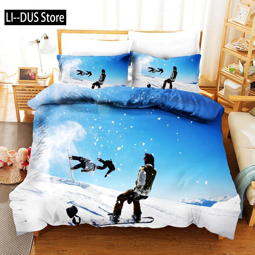 Пододеяльник для лыжного спорта из микрофибры с изображением экстремальных видов спорта, комплект постельного белья для зимних видов спорта, лыжи, снег, горный пейзаж, двуспальная кровать, королева, пододеяльник