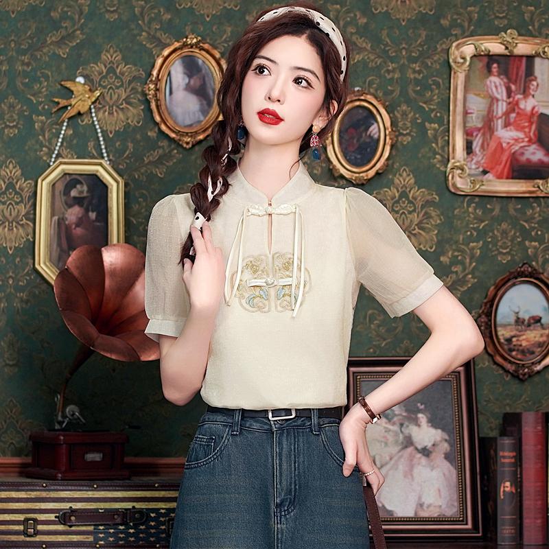 Модная новинка, летняя шифоновая блузка в китайском стиле с коротким рукавом и воротником-стойкой, с вышивкой, женская рубашка J384