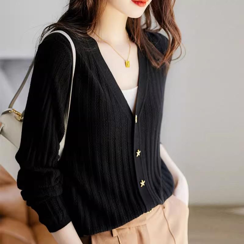 Весенне-осенний женский трикотаж с металлическими пуговицами в виде морской звезды, французский v-образный вырез, темпераментный вязаный однотонный кардиган с короткими рукавами, топ
