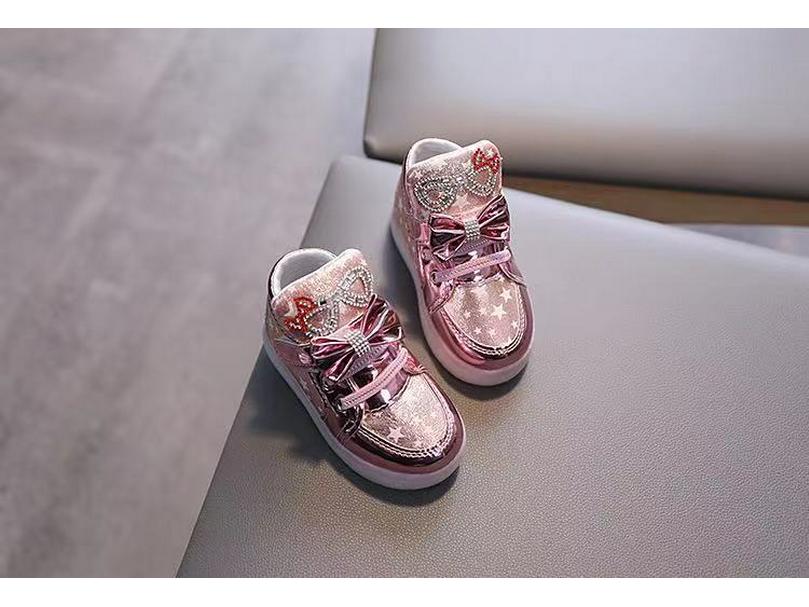 2022 Spring/Autumn Kids' LED Light-Up Bowknot Leather Boots Diamond Sports Shoes