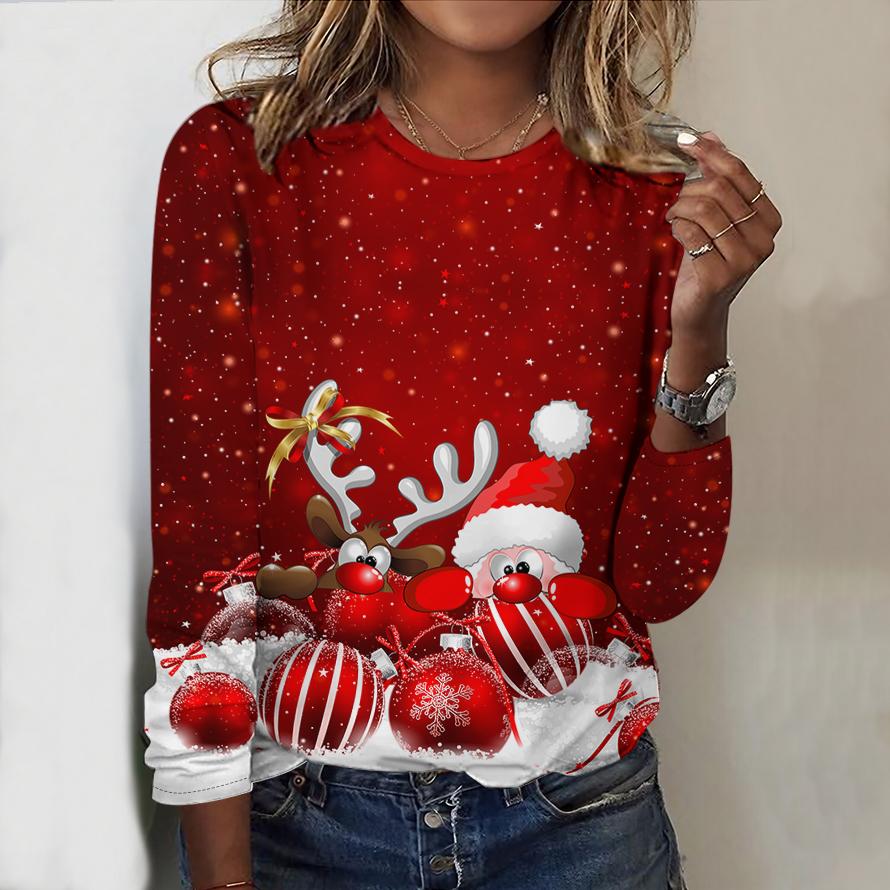 2025 Autumn & Winter Women's New Casual Crew Neck Long Sleeve Top 3D Christmas Pattern Ideal Halloween Christmas Gift
