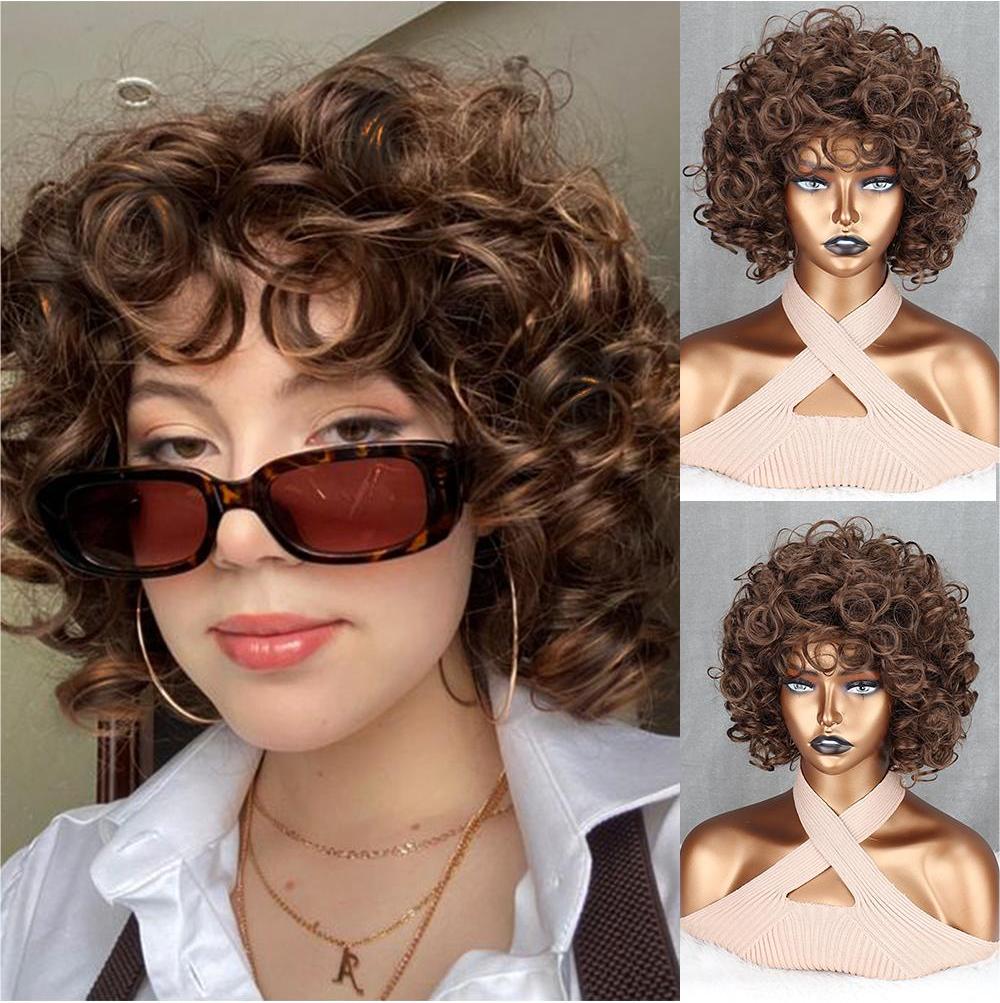 MISS WIG Коричневый смешанный золотой короткий вьющийся парик, африканские кудри, женский большой парик в рулонах, повседневный косплей, синтетический парик из высокотемпературного волокна