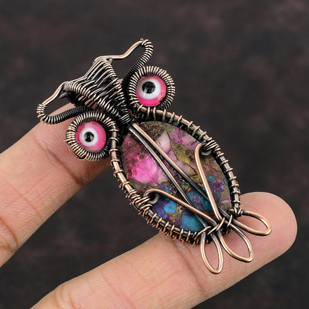 Kingman Розовый Георгин Бирюзовый Подвеска Медная Проволока Обернутая Подвеска Драгоценный Камень Подвеска Сова Медные Ювелирные Изделия Ручной Работы Розовый Цвет Подвеска Сглаза