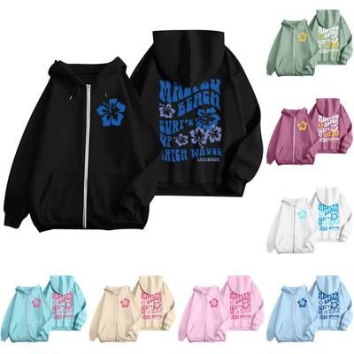 Женские толстовки на молнии для девочек-подростков, свитшот с цветочным принтом, одежда, повседневная куртка на шнурке с карманами