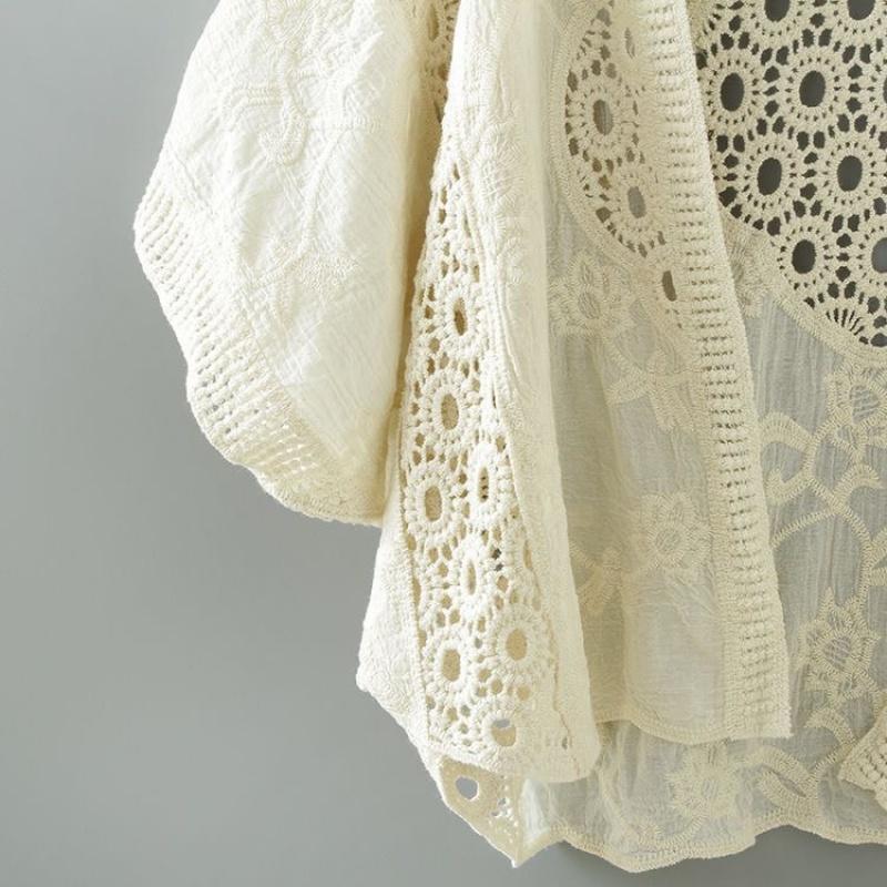 New Embroidery/Embroidered Batwing Sleeve Cotton Cardigan Hollow Embroidery Sun Protection Shirt Short Air-Conditioner Shirt Loose Seaside Outer