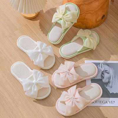 Модные удобные льняные тапочки, мягкие и легкие хлопковые тапочки, милые тапочки-слайды с бантиком для пар, домашние тапочки женские