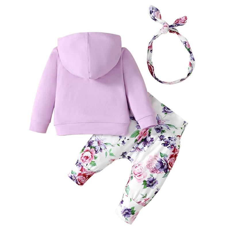 Комплект из трех предметов с капюшоном и длинными рукавами и цветочным принтом для маленьких девочек, брюки и повязка на голову
