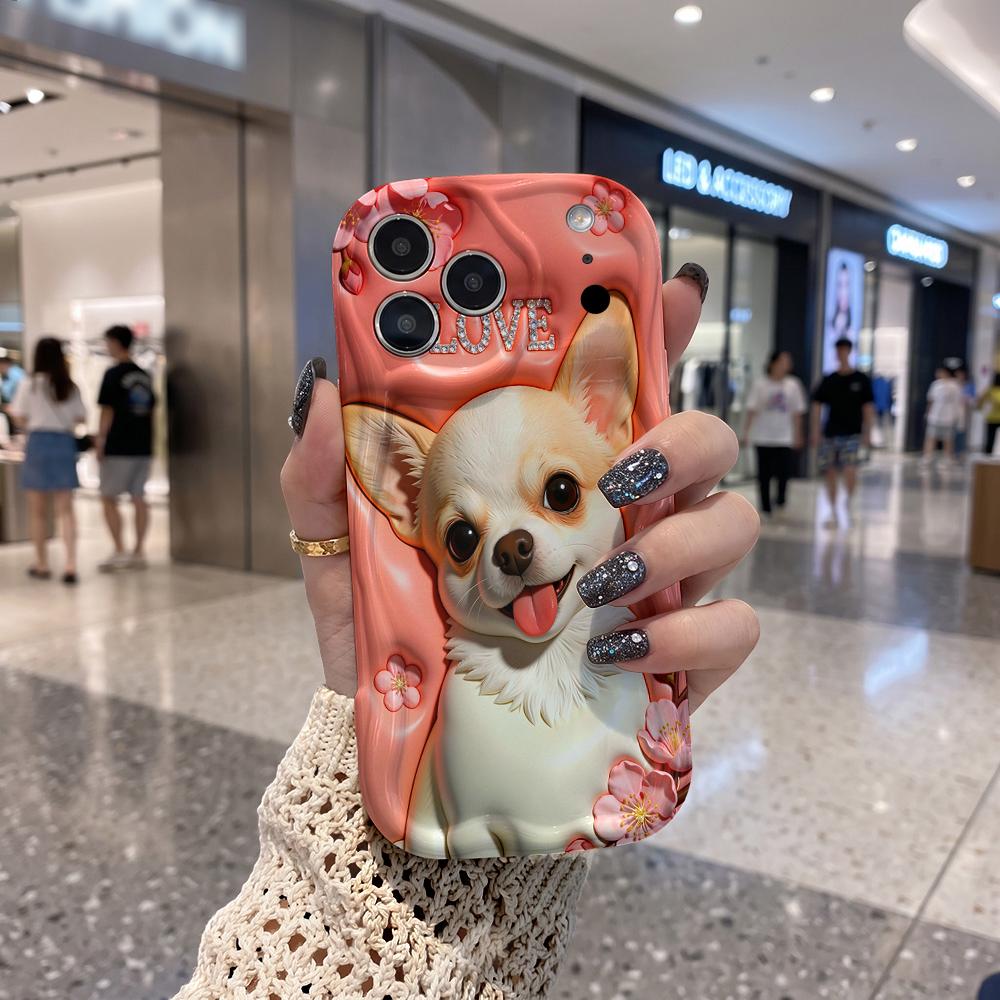 Chihuahua Cherry Blossom LOVE Rhinestone Wavy Edge Phone Case For iPhone 16 15 14 Pro Max 13 12 11 Mini XR XS SE 2020 7 8 Plus Air Cover