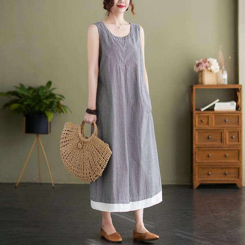 Summer Literary Plus Size Loose Casual Sleeveless Vest Medium Long Dress for Women Casual Dresses
