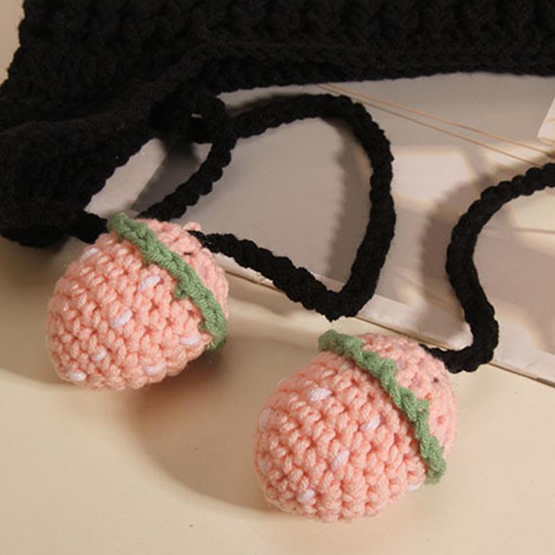 Женская шерстяная шапка с клубничным ремешком и кошачьими ушками в полоску, трикотажная защитная шапка для ушей, защищающая от холода