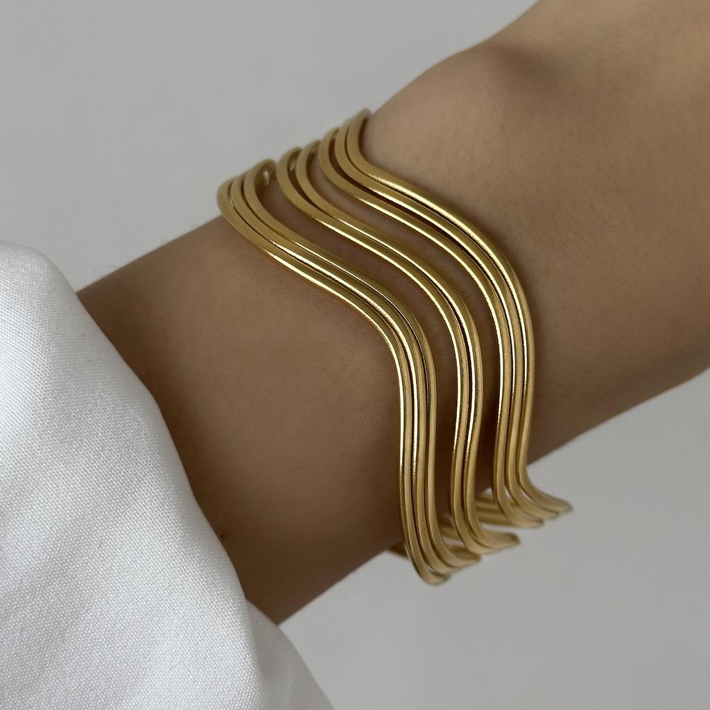 Stainless Steel Metal Leaves Open Bangle for Women Vintage Gold Color Geometric Wide Wave Charm Cuff Bracelet Party Jewelry Gift