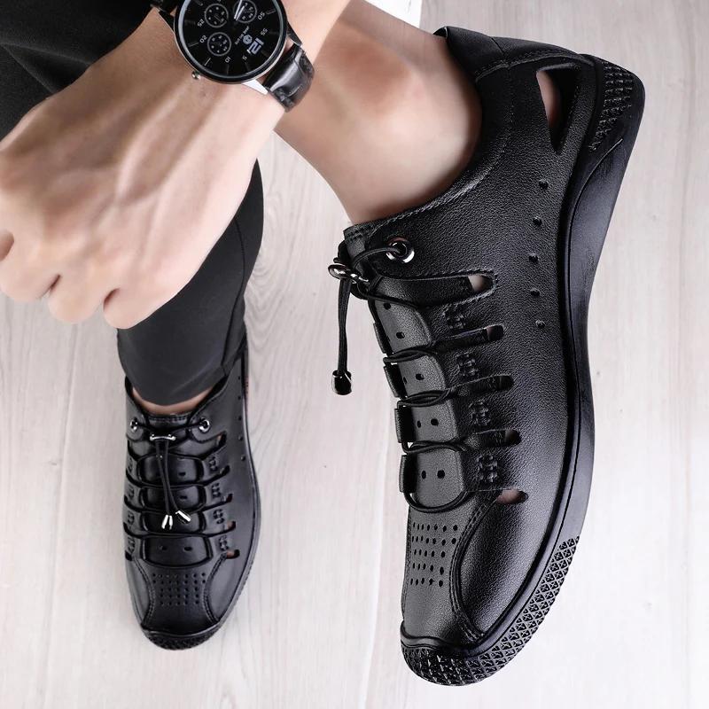 Fashion Summer New White Leather Hollow Out Sandals Breathable Comfort Men Beach Shoes Fashion Soft Sole Male Flat Casual Leather Loafer