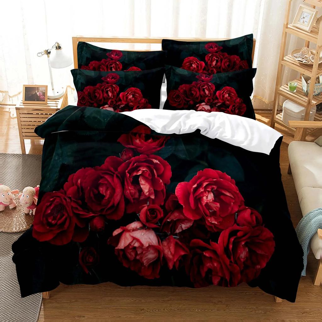 Comforter Red Rose Bedding Set Quilt Pillow Case 3D Hd Double Full King Queen Twin Single Polyester Comforter
