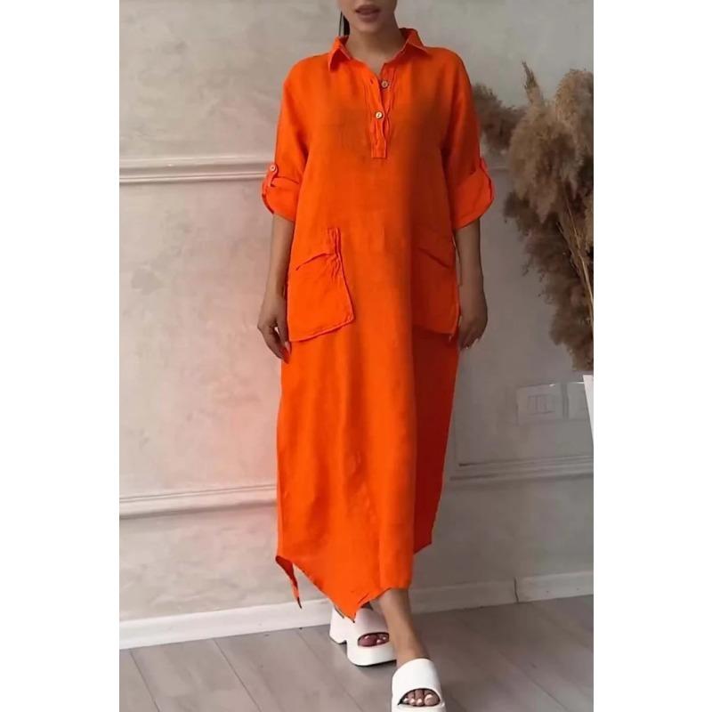 Весенне-осеннее женское платье больших размеров, однотонное, повседневное, длинные платья с карманами и лацканами