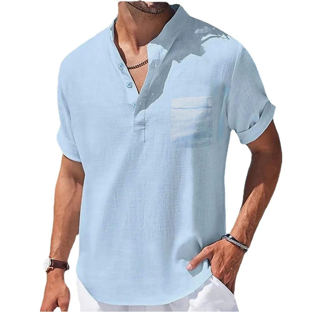 Summer Men's Cotton and Linen Shirts Short-Sleeved Shirt Henry Collar Casual Men's T-shirts Shirts Male Men Clothing