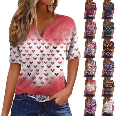 Жен. Футболка Футболка с принтом на пуговицах ко Дню святого Валентина С короткими рукавами Повседневные Мода выходного дня Классический Классический топ с v-образным вырезом
