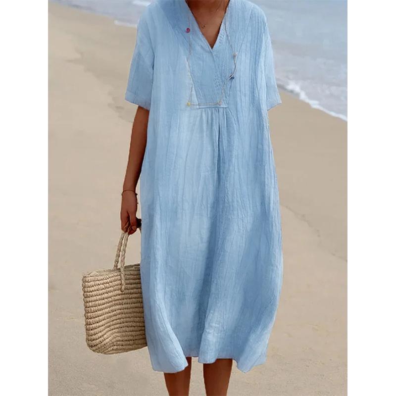 Summer Literary Vintage Cotton Linen Dress Female Short Sleeve Loose Casual Robe Women Solid Color Vestidos