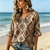 Женская блузка в ацтекском стиле, геометрический принт, ромб, галстук на шее, оборки, рукав 3/4, винтажный, вестерн, бохо, повседневная