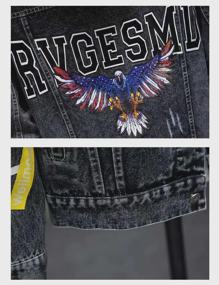 Мужская модная повседневная узкая джинсовая куртка с рваной вышивкой - мода весна-осень 2022 г.