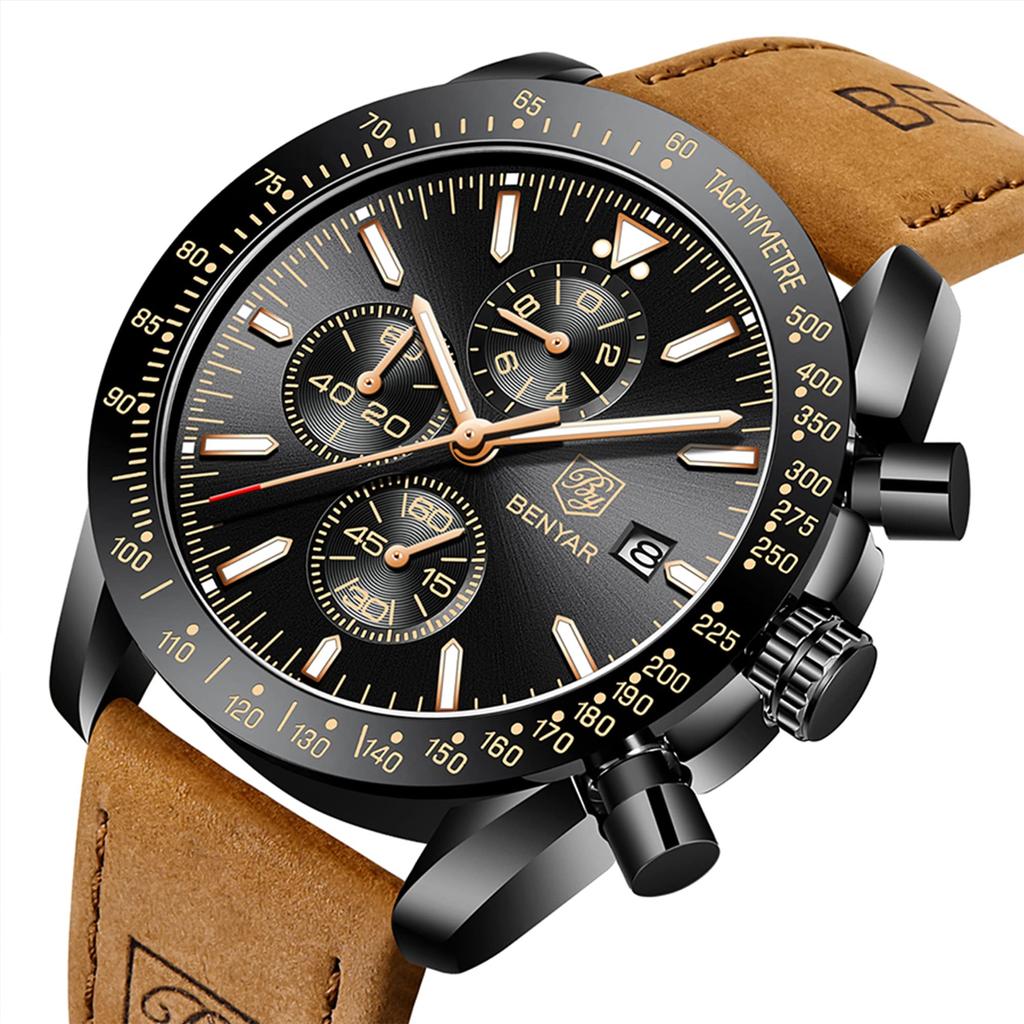 BY BENYAR Watch Watch Chronograph Analog Watch 30M Water Resistant Business Simple Stylish Popular Formal Leather Belt Quartz Watch Gift for Men Men's