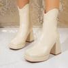 Платформа Высокий каблук Маленькие ботильоны Осень Зима Новые Квадратный носок Блочный каблук Задняя молния Нескользящие Средний цилиндр Обтягивающие ботинки