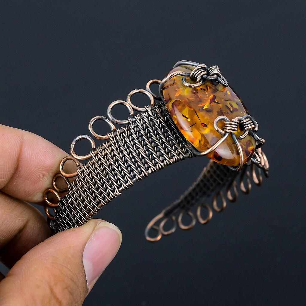 Балтийский янтарный драгоценный камень Чистая медная проволока Обернутая вручную манжета/браслет Ювелирные изделия